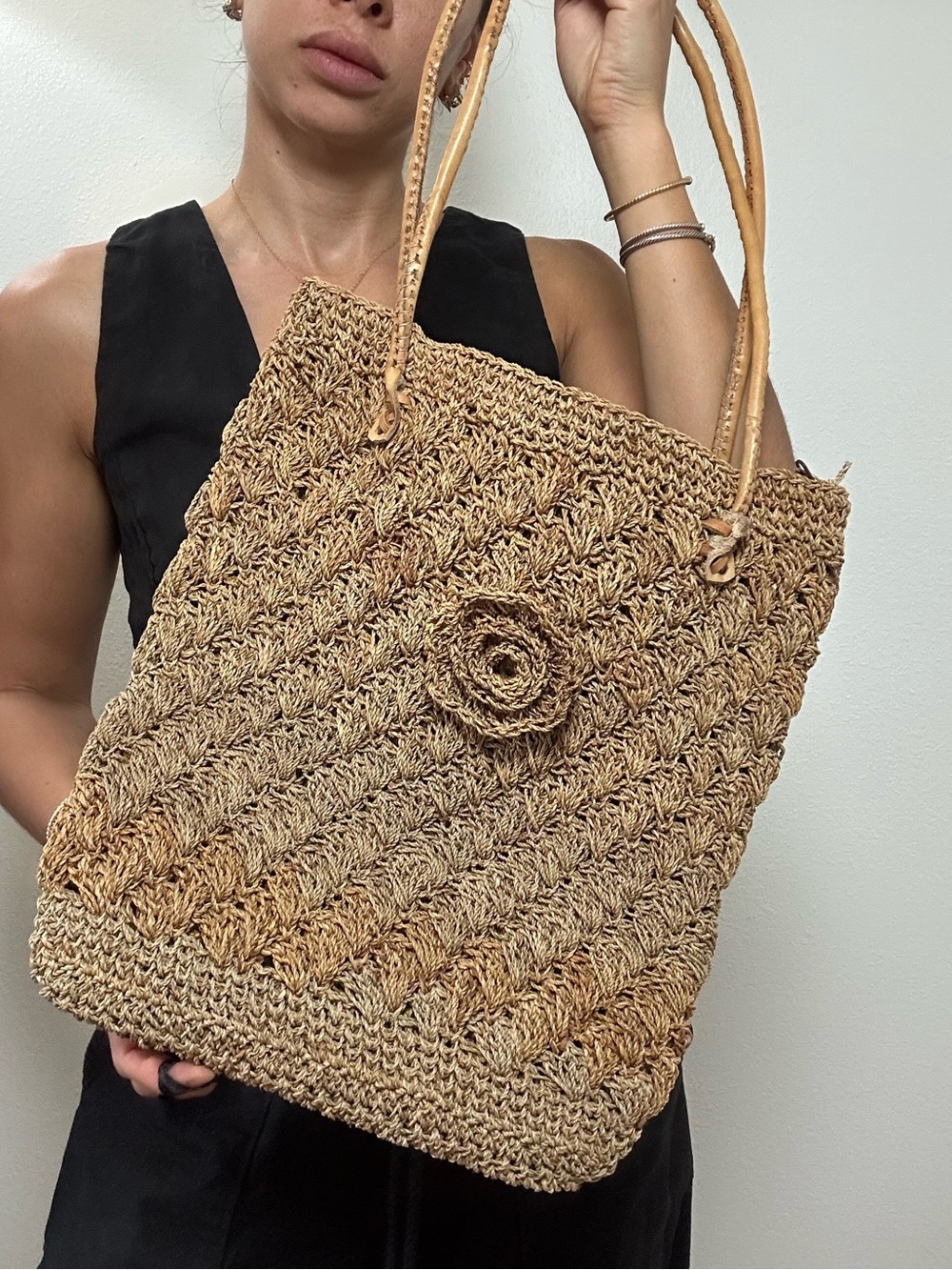 Brown Beige Woven Straw Handmade Tote Bag with Flower Accent & Leather Strap - Picture 12 of 14
